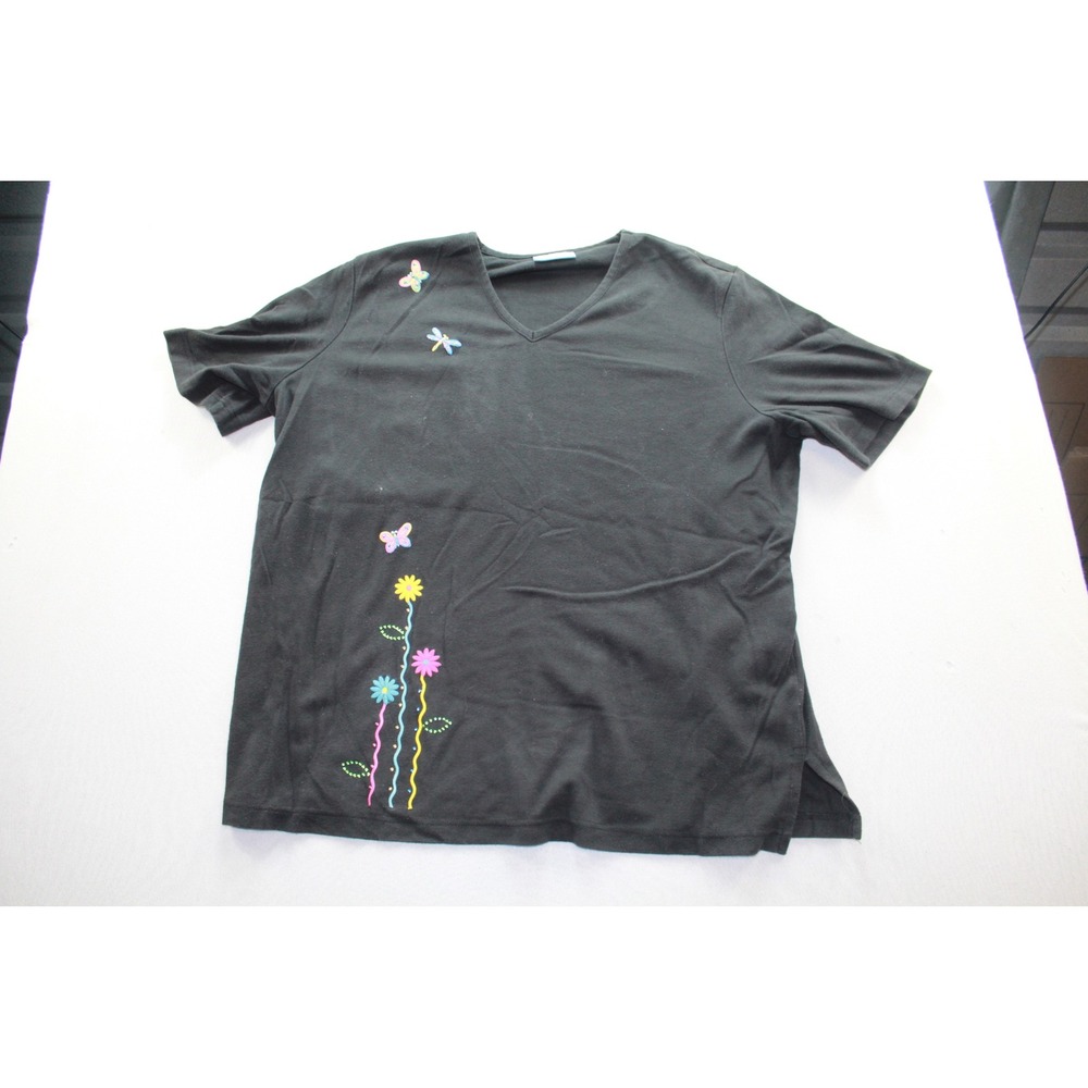 Liz & Me T-Shirt Women 2X Black Good Embroidered Floral Butterfly V-Neck Graphic